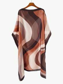 1pc Women's Elegant Minimalist Premium Geometric Wave Morandi Color Block Print Chiffon Pullover Long Robe Shirt, Summer Outdoor Casual Travel Versatile Sun Protection Cover-Up Shawl - Multicolor - View 4