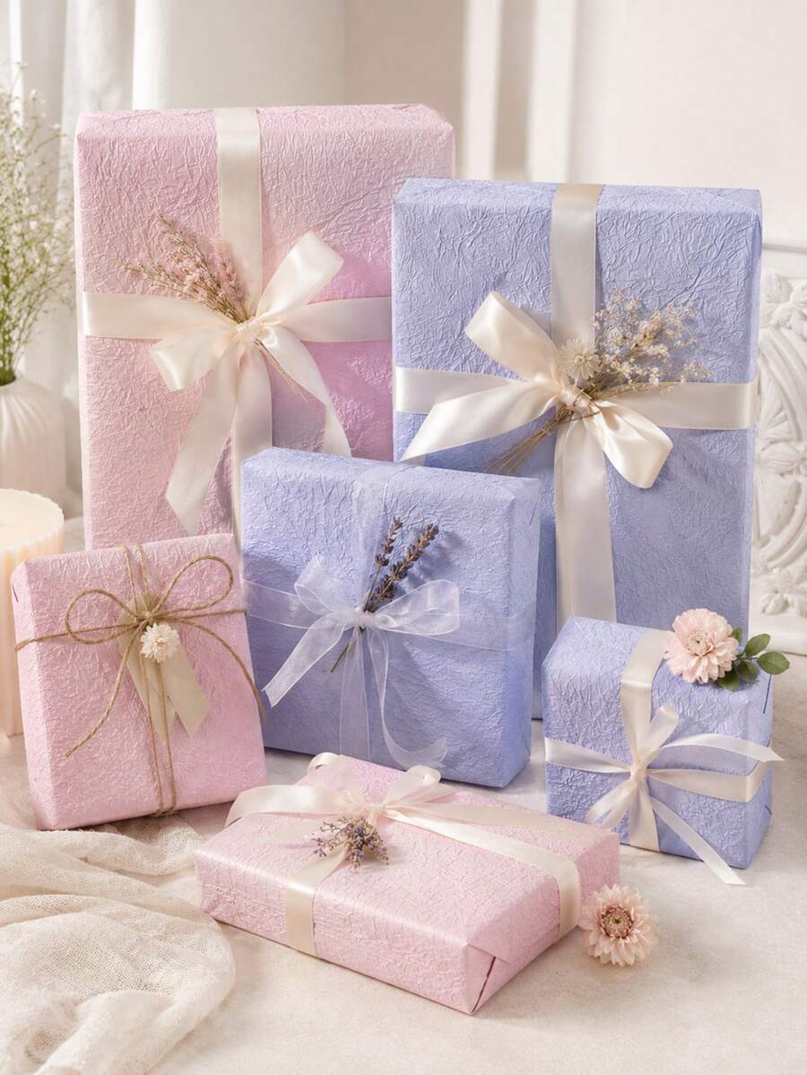 5pcs 2-Design Pastel Gift Wrapping Paper Set, Minimalist Blue Pink Wrap For Birthday, Wedding, Holiday Party, Gift Box Decoration And Gifting - Holiday Edition - View 1