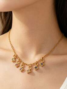 5 Pcs 304 Stainless Steel 18K Gold Plated Square Rhinestone Charms, Multi‑Color Crystal Tiny Pendants DIY Jewelry Accessories, Handmade Necklaces - Pendants - View 4
