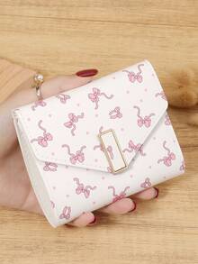 Fashionable Women's Bow Short Credit Card Storage Bag, Simple And Casual Multifunctional Card Holder, Three Fold Buckle Women's Wallet - White - View 1
