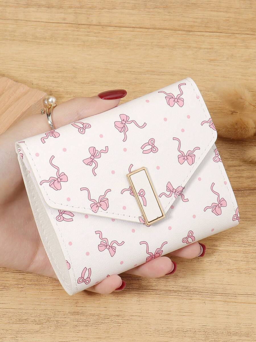 Fashionable Women's Bow Short Credit Card Storage Bag, Simple And Casual Multifunctional Card Holder, Three Fold Buckle Women's Wallet - White - View 1