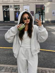 Y2k Clothes,Fall Women's Outfit, Solid-Color, Laid-Back, Fashionable And Casual Wear,Street Style,Hooded Sweatshirt,Chic, Fleece Jacket,Tops - White Flower Gray - View 3