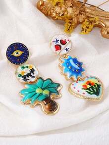 1 Pair Vintage Design Multi-Element Painted Evil Eye Floral Coconut Tree Decorative Earrings, Fashionable Versatile Stud Earrings For Women, Suitable For Daily Wear And Vacation Party - Multicolor - View 3