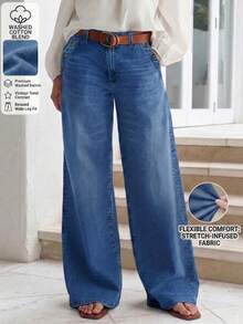 New Women's Multi-Button Wide Leg Casual Jeans - High Quality Denim, Fashionable And Comfortable Spring Fall - Medium Blue - View 1