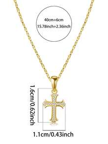 1Pc Dainty Cross Cubic Zirconia Pendant Necklace,14K Gold Plated Copper Pendant Stainless Steel Chain,Women Jewelry For Daily Wear Birthday Party Gift - Gold - View 8