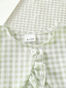 HAO6 2 件套新生女婴休闲格子花卉印花圆领上衣和配套裤子，度假风格服装，适合 0-3 岁婴儿的礼物 - 綠色 - 查看 3