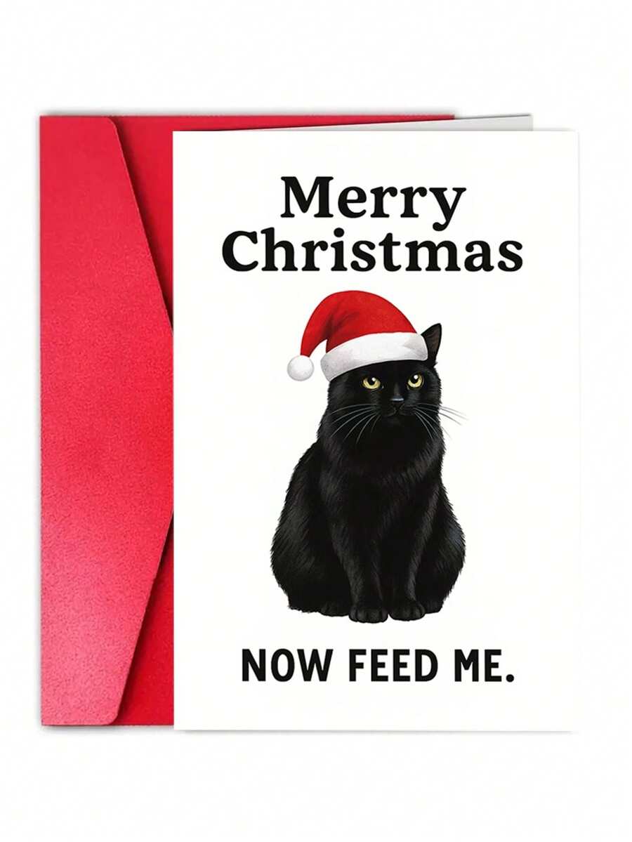 1Pc Cute Christmas Cards Are An Ideal Choice For Cat Lovers. It Is A Humorous Holiday Greeting Card That Is Perfect For Sending To Friends, Family, And Pet Enthusiasts During The Holiday Season. - View 1