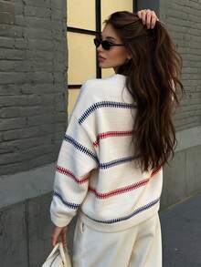 Sweater Rajut Desain Retro Musim Gugur/Musim Dingin, Pullover Leher Bulat, Blus Kasual Bahu Jatuh Bergaris, Atasan Rajut Lengan Panjang - Light Grey - View 3