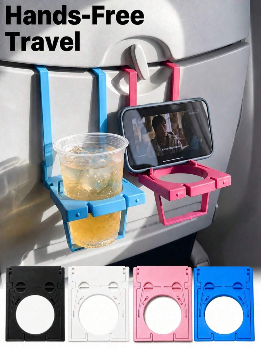飛機手機支架，便攜式旅行支架，可折疊可調節旋轉自拍支架（適用於桌面、火車座位、行李箱、廚房櫥櫃）－緊湊可折疊手機掛鉤，通用手機支架（適用於所有手機型號，旅行與居家使用）