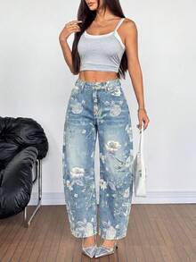 Women's Casual Loose Fit Denim Wide Leg Pants, Printed Pattern, Button & Zipper Pockets, Long Non-Stretch Style - Light Wash - View 6