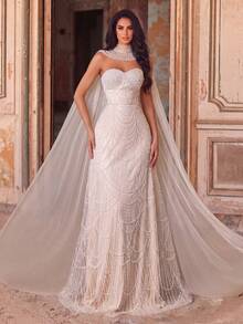 Faeriesty Sequin Shimmering Mermaid Evening Gown With Transparent Shawl, Elegant And Noble Formal Occasion Attire Fall Wedding - 香檳色 - 查看 1