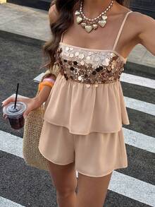 女款春夏細肩帶亮片拼接荷葉邊下擺兩件套，椰子女孩度假風海灘休閒優雅穿搭 - 卡其色 - 查看 3