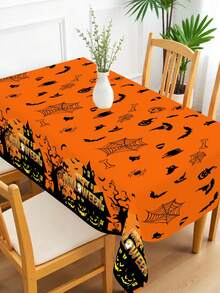 1pc Orange Halloween Table Cover 220x130cm Scary Haunted House Disposable Table Cloth Halloween Table Decor Trick Or Treat Halloween Party Supplies - Multicolor - View 6