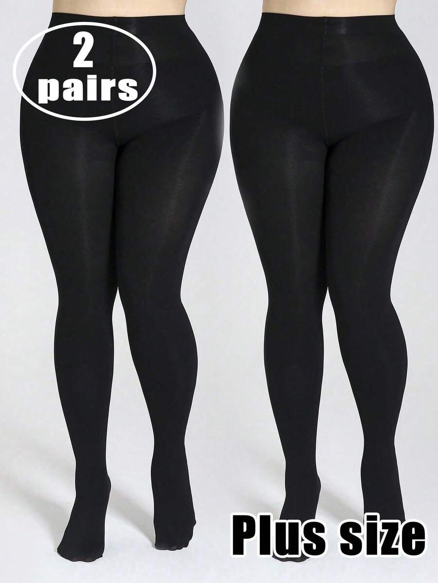2 Pairs Women's High Elastic Plus Size Tight Glossy Silky Pantyhose - Black - View 1