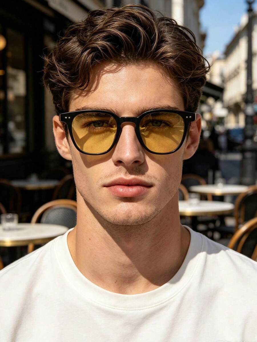 1 Pair Cool Men's Minimalist Large Frame Colored Lens Fashion Glasses, Soft High-Definition Lenses With UV Protection And Sunshade, Suitable For Spring/Summer Driving, Commuting, Outdoor Travel And Outfit Matching - Multicolor - View 1