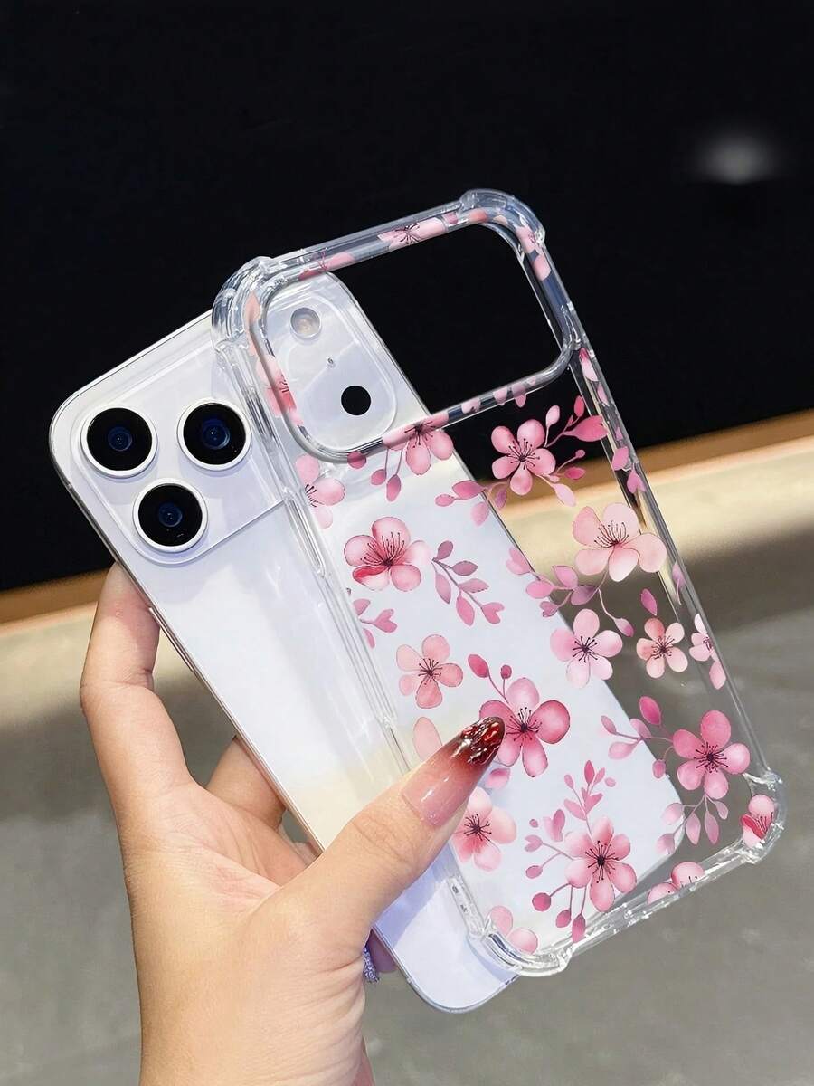 1pc Pink Floral Print Phone Case | Four-Corner Anti-Drop Protective Shell - Compatible With IPhone 17 Pro, 16e, 16 Pro, 15 Pro, 14, 13, 12, 11, Compatible ; Compatible Refreshing Summer Accessory, Perfect As A Gift For Friends Or Yourself. - Multicolor - View 1
