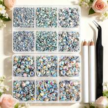 6-Grid Mixed Size Rhinestones + 2 Tweezers + 2 Boxes White AB Rhinestones Set, SS6-SS30 Easy To Distinguish, Convenient Storage And Carrying, Suitable For DIY Phone Case Decoration, Shoes, Bags, Clothing Rhinestone Application, Hair Accessory Decoration - Clear - View 1
