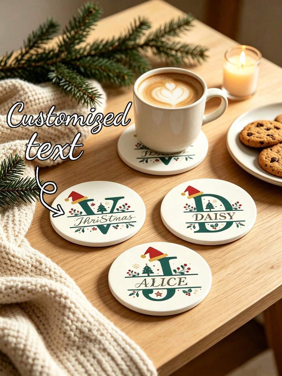 1pc Customized Personalized Christmas Letter-Shaped Ceramic Tray, Absorbent Drink Coaster, Customizable Name, Christmas Letter Design, Suitable For Beverages, Tea Cups And Coffee Cups, Home And Restaurant Decor, Essential Holiday Gift, Christmas Decoration, Fashion Design - Multicolor - View 1