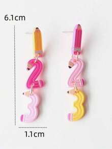 1 Pair Pink 123 Number Pencil Shaped Acrylic Dangle Earrings, Cute Vintage Minimalist Style, Suitable For Back To School,Graduation Season - Multicolor - View 5