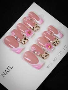 10pcs-Y2K Style, Leopard Print Pink Flower Press-On Nails, Pink Flower Gold Bead Long Square Nails, Leopard Design, Nude Pink Gradient, Sparkling Diamond Decoration Fake Nails-Essential Nails For Spring, Summer, Autumn, Winter, Suitable For Social, Party And Daily Use, Best Gift For Girls And Women - Multicolor - View 3