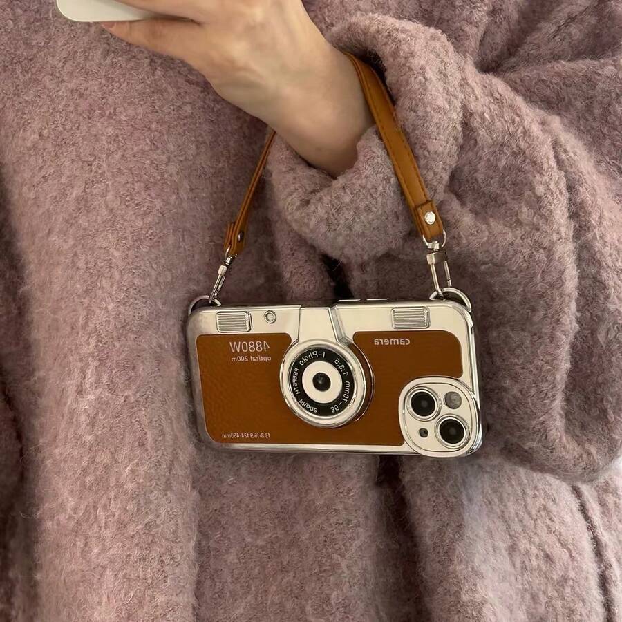 1pc 3D Camera Litchi Texture Phone Case With Hand Strap, Anti-Drop Protective Cover, Style, Different Models Have Different Hole Positions, Subject To The Actual Product Received - Brown - View 1