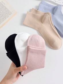 5 Pairs Solid Color Non-Slip Comfortable Minimalist Women's Mid-Calf Socks, Suitable For Sports & Casual, Suitable For Autumn/Winter - Multicolor - View 3