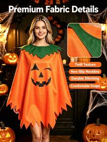 Halloween Pumpkin‑Print Parent‑Child Cape Set, Jagged Hem With Green Collar, Cosplay Costume For Holiday Party - Multicolor - View 6