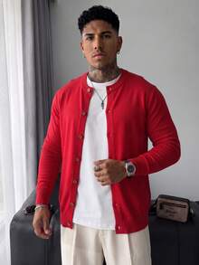 Unisex Casual Solid Color Loose Fit Round Neck Button Up Long Sleeve Cardigan Sweater, Suitable For Autumn And Winter - Red - View 5