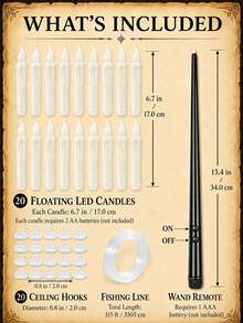 20pcs/12pcs/6pcs Hanging Floating Candles With Magic Wand Remote Control And Hanging Rope, Flying Flameless LED Taper Candles, Warm White Light, Battery Operated Window Candles, Suitable For Halloween Christmas Party Decoration - Multi-tear Magic Candle Lamp - View 15