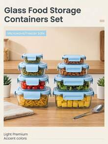 Asnews Snap-Lock Lid Glass Food Storage Containers Set, Built-In Vent Valve On Lids, 8Pcs Assorted Sizes In Blue And Pink, For Kitchen Meal Prep, Pantry Organization And Portable Lunch Storage - Multicolor - View 6