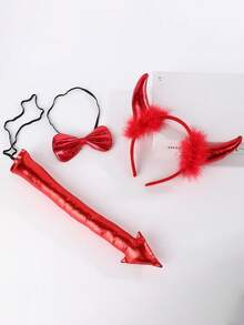 Halloween Devil Costume Set Red Horn Headband Glasses Cane Tail Full Set For Masquerade Carnival Couple Party COS Rave Dance Props (Due To Lighting, Color Difference May Occur, Cane Stick Color Is Random) - Multicolor - View 4