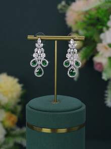 5pcs Handmade Inlaid Green Cubic Zirconia Luxury Elegant Series Water Drop Tassel Design Necklace Bracelet Earrings Ring Set Suitable For Women Daily Wear Wedding Party (Gift Box Packaging) - Water Droplet Design Set - View 8