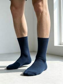 1/5/10 Pairs Pure Dark Blue All-Match Mid-Calf Men's Socks, Breathable & Sweat-Absorbent, Versatile Sports Socks, Business Commuter Socks, Suitable For All Seasons - Navy Blue - View 8