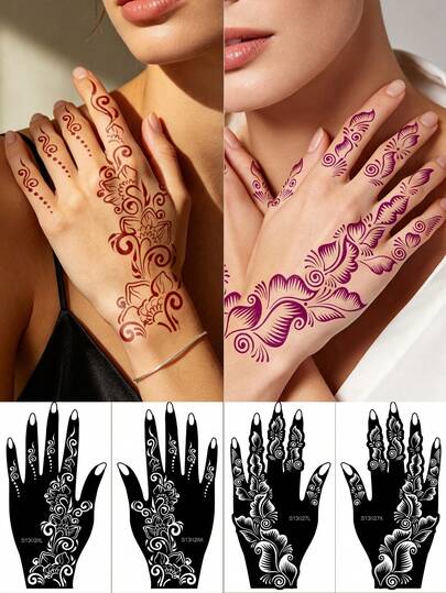 2 Pairs Henna Style Floral Hand Tattoo Stencils, Left And Right Hand Arabic Swirl Mehndi Templates, DIY Body Painting Stickers, Suitable For Festival Party Temporary Tattoo Creation