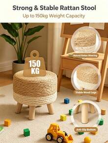 1PC Pastoral Style Woven Rattan Stool, Thick Woven Footstool For Home, Solid Wood Small Bench For Living Room Sofa, Entryway Shoe Bench, Creative Handmade Woven Stool For Balcony Leisure, Bedroom Vanity Stool, Coffee Table Footrest, B&B Retro Style Low Stool, Stable Solid Wood Frame Wear-Resistant Woven Surface Square Stool, Stackable Storage Guest Stool, Simple Nordic Style Home Footrest Low Stool - Multicolor - View 3