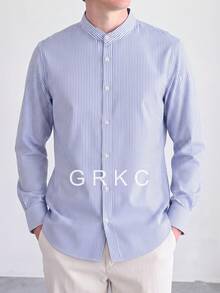 GRKC 男士通勤立領長袖梭織襯衫，極簡成熟風格，適合春秋冬季 - 藍白色 - 查看 2