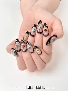 10pcs Handmade Press-On Nails, Almond Shape, Black & Nude, Hand-Painted Insect Pattern, Matte Cute Style, Reusable Nail Tips Set With Nail Tools, Suitable For Daily Commute, Party And Office - Multicolor - View 4