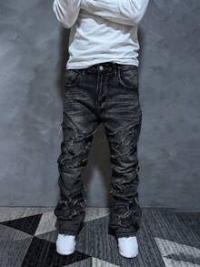 Men's Black Patchwork Distressed Raw Edge Flared Denim Jeans, Streetwear Fashion Outfit Piece, Vintage Flared Denim Jeans - Black - View 3