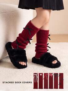 Red Bowknot New Year Slouch Socks, Warm Calf Socks For Autumn/Winter - Red - View 1