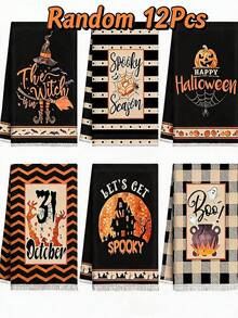 4/6/12 Pcs Halloween Pumpkin Gothic Kitchen Towels, Spooky Skeleton Dish Hand Towels Pumpkin Bat Kitchen Dish Towels For Halloween Bathroom Decor - Black - View 6