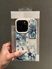 1pc White Matte Minimalist Lens Protection Blue Turtle & Starfish Collage Pattern Phone Case, Personalized Compatible With IPhone 16 Pro Max/17/16/15/14 Plus/13/12/11/Air And Series - Multicolor - View 3