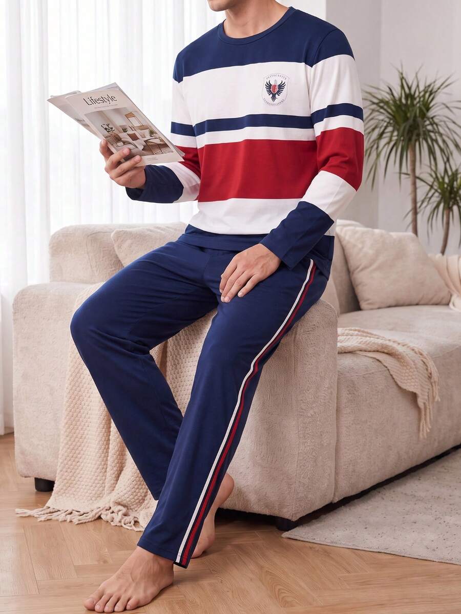 Men's Pajama Set American Style Colorblock Striped Crew Neck Long Sleeve Top + Pants With Pockets Autumn Winter Casual Comfortable Loungewear Two Pieces Set - Multicolor - View 1