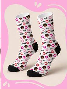 Custom White Face Photo Crew Socks, Personalized Socks With Lips & XOXO Print, Custom Printed Face Socks, Novelty Valentine Gift For Him Her - Multicolor - View 3