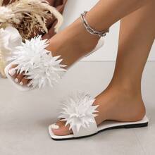 3D Floral Slides, Flat Beach Sandals Comfortable Summer Shoes - White - View 3