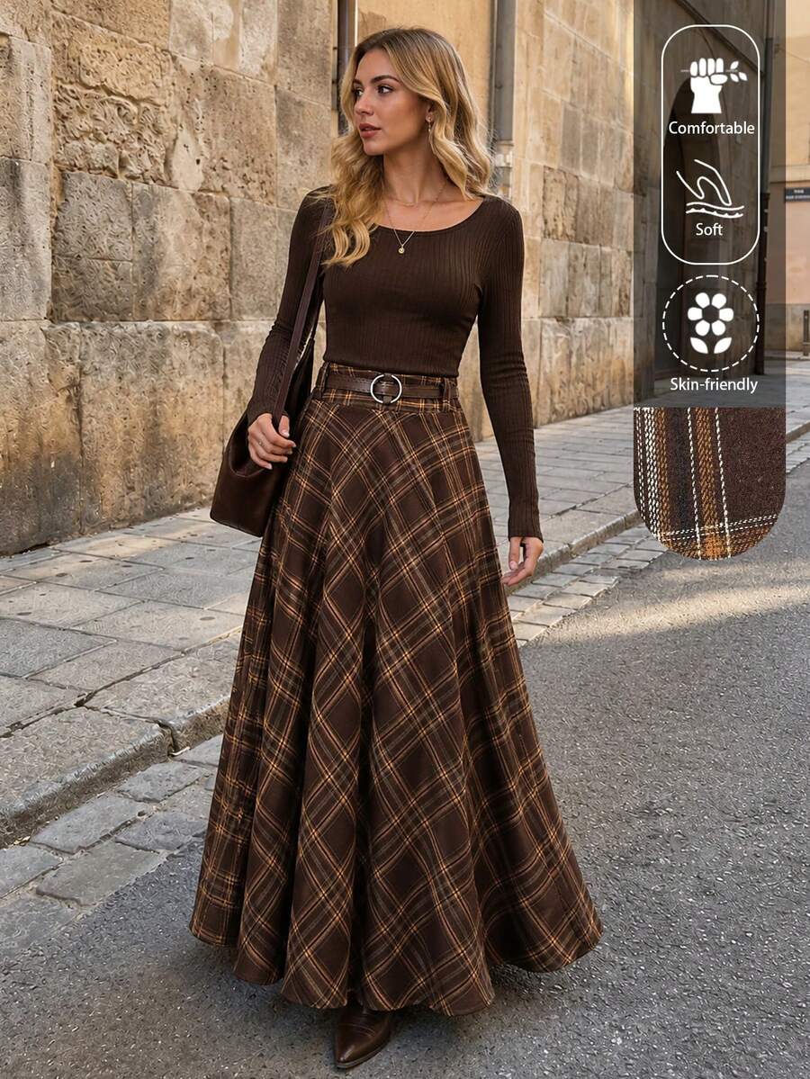 EARO Women's Plaid Print Vintage Casual Commuting Skirt Spring Brown - Brown - View 1