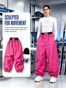 1pc Women's Thickened Harem Ski Pants, Loose Wide Leg Fit, Couple Matching Ski Resort Outfit Winter Sports - Hot Pink - View 2