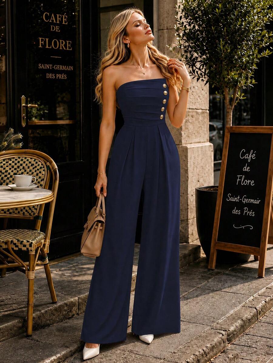 Perirose Women's Navy Strapless Wide Leg Jumpsuit, Ruched Bust Gold Button Detail Tailored One Piece, Fall Fashion Hoco Halloween Weekend Holiday Party Outfit - Navy Blue - View 1