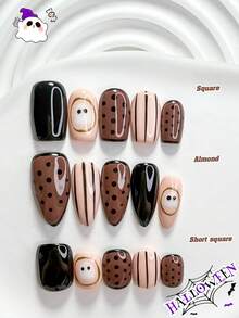Halloween Theme 10pcs Cute Handmade Press-On Nails Polygel Nail Art Set, Polka Dot Ghost Design, Black White Brown Color Scheme, Unique Style, Includes Nail Tools, 3 Sizes Available: Square/Short Square/Almond Shape, Suitable For Party, Ball And Daily Wear - Multicolor - View 1