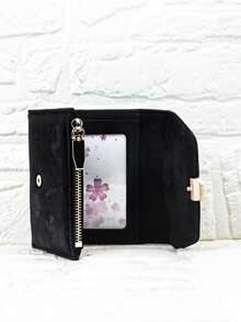 Women's Short Wallet Soft PU Foldable Multi-Function Large Capacity ID Card Holder Student Card Wallet, Exquisite Zipper Coin Purse Lightweight Suitable For Holiday Gift - Black - View 5