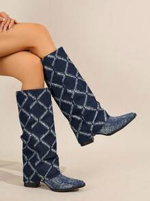 Women's Mid-Calf Boots, Vintage Bohemian Western Style, Perfect For Music Festivals And Parties, Essential For Vacation And Travel - Denim Blue - View 5